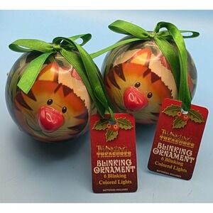 Christmas Ornaments Balls Yellow Cat Santa Hat Blinking Lights Holiday Set/2 NEW